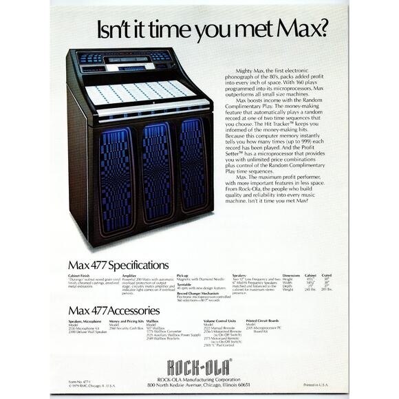 1979 Rock-Ola Model 477 Jukebox Brochure Vintage Music Machine Flyer - Picture 2 of 2
